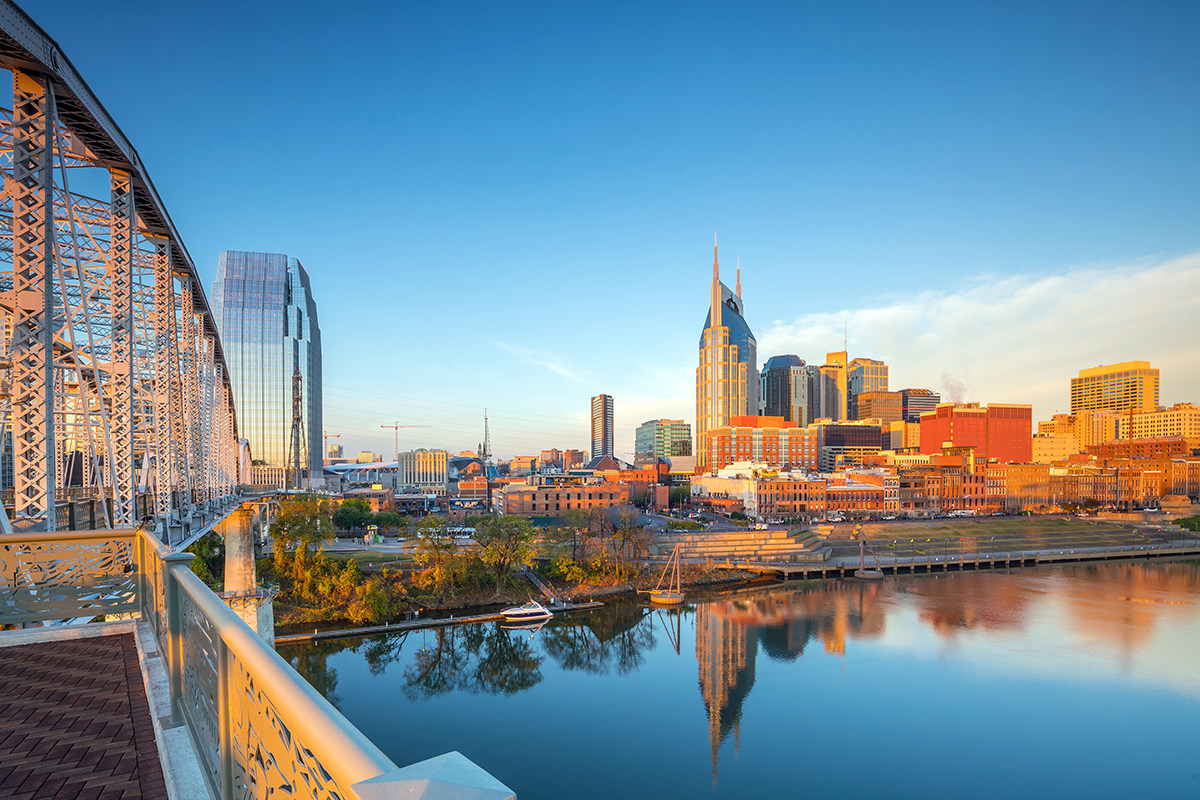 Nashville,,Tennessee,Downtown,Skyline,With,Cumberland,River,In,Usa,At